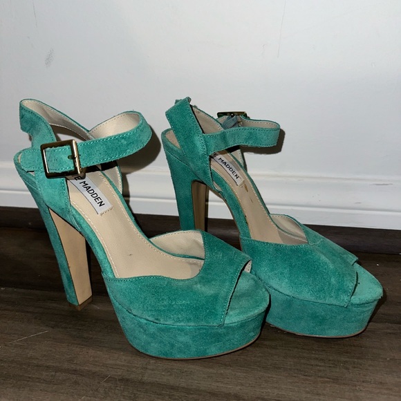 STEVE MADDEN 7 Teal Dynemite Jillyy Suede Platform Heels Blue Green Turquoise - Picture 3 of 8